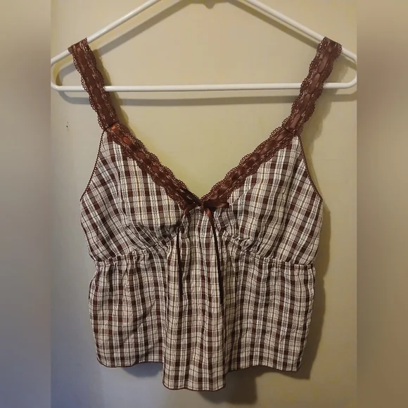 Red Plaid Lace Trim Women's Top - Picture 1 of 3
